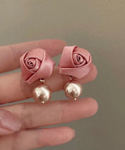 French Pink Silk Rose Pearl Drop Earrings