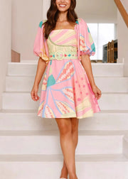 French Pink Square Collar Puff Sleeve Print Cotton Dresses