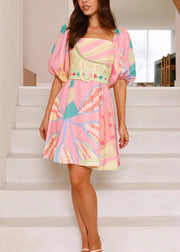 French Pink Square Collar Puff Sleeve Print Cotton Dresses