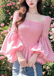 French Pink Square Collar Puff Sleeve Ruffled Patchwork Chiffon Shirts
