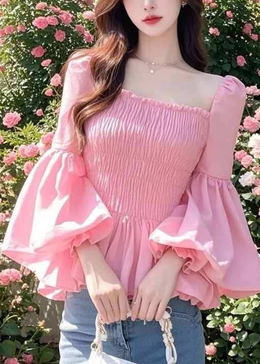 French Pink Square Collar Puff Sleeve Ruffled Patchwork Chiffon Shirts