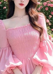 French Pink Square Collar Puff Sleeve Ruffled Patchwork Chiffon Shirts