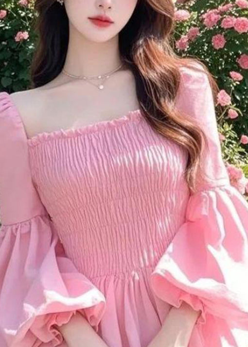French Pink Square Collar Puff Sleeve Ruffled Patchwork Chiffon Shirts