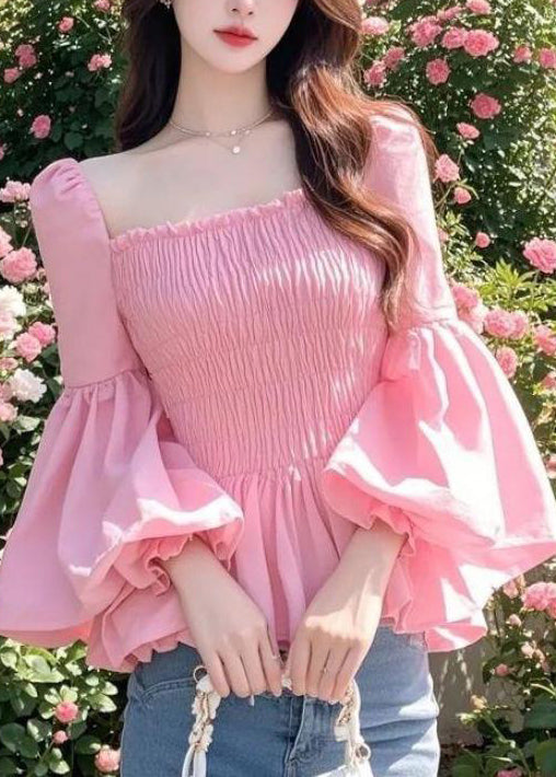 French Pink Square Collar Puff Sleeve Ruffled Patchwork Chiffon Shirts