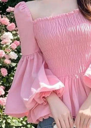 French Pink Square Collar Puff Sleeve Ruffled Patchwork Chiffon Shirts