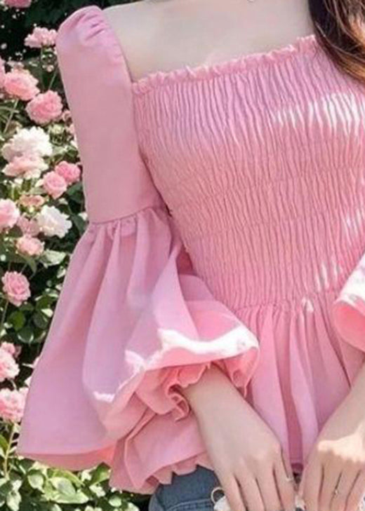 French Pink Square Collar Puff Sleeve Ruffled Patchwork Chiffon Shirts