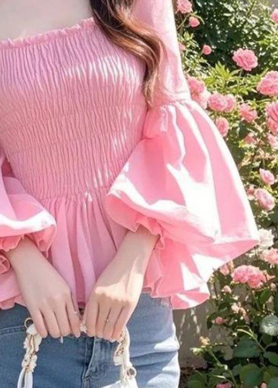 French Pink Square Collar Puff Sleeve Ruffled Patchwork Chiffon Shirts