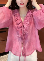 French Pink Tie Lace Floral Top Lantern Sleeve