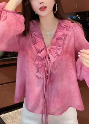 French Pink Tie Lace Floral Top Lantern Sleeve