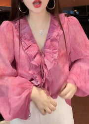 French Pink Tie Lace Floral Top Lantern Sleeve