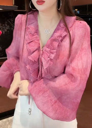 French Pink Tie Lace Floral Top Lantern Sleeve