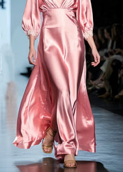 French Pink V Neck Exra Large Hem Party Dress Bracelet Sleeve