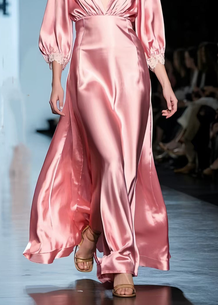 French Pink V Neck Exra Large Hem Party Dress Bracelet Sleeve