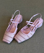 French Pink Woven Breathable Bow Chunky Heel Sandals