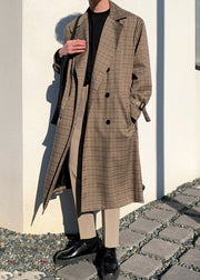 French Plaid Double Breast Tie Waist Cotton Mens Trench Coat Spring