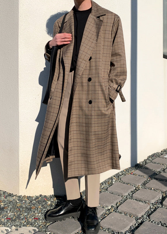 French Plaid Double Breast Tie Waist Cotton Mens Trench Coat Spring