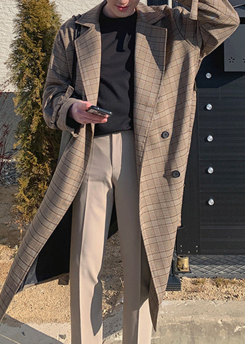 French Plaid Double Breast Tie Waist Cotton Mens Trench Coat Spring