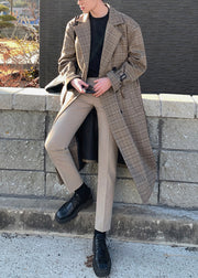 French Plaid Double Breast Tie Waist Cotton Mens Trench Coat Spring