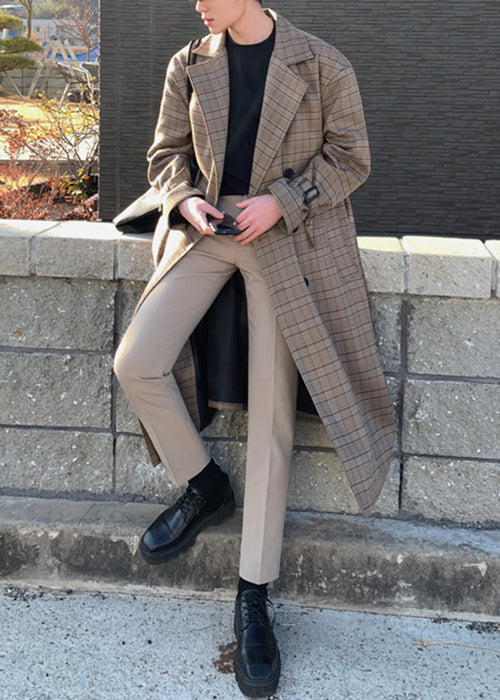 French Plaid Double Breast Tie Waist Cotton Mens Trench Coat Spring