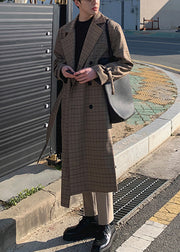 French Plaid Double Breast Tie Waist Cotton Mens Trench Coat Spring