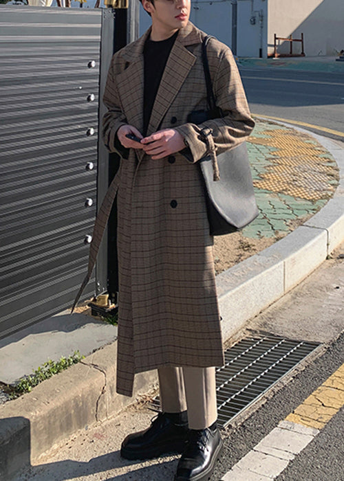 French Plaid Double Breast Tie Waist Cotton Mens Trench Coat Spring