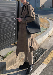 French Plaid Double Breast Tie Waist Cotton Mens Trench Coat Spring