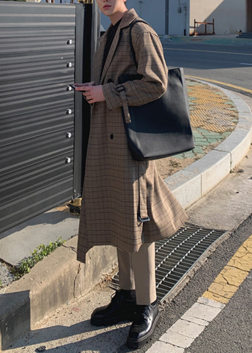 French Plaid Double Breast Tie Waist Cotton Mens Trench Coat Spring