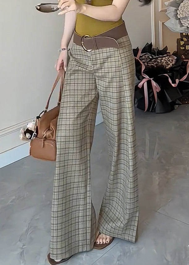 French Plaid High Waist Cotton Wide Leg Pants Summer