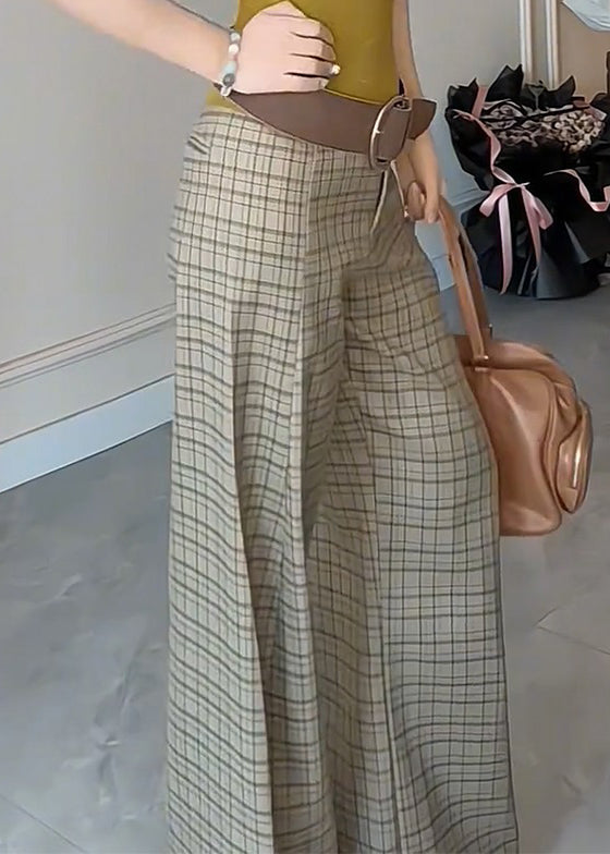 French Plaid High Waist Cotton Wide Leg Pants Summer