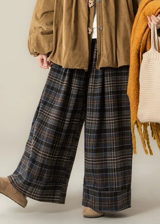 French Plaid High Waist Cotton Wide Leg Pants Winter
