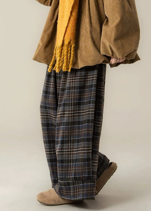French Plaid High Waist Cotton Wide Leg Pants Winter