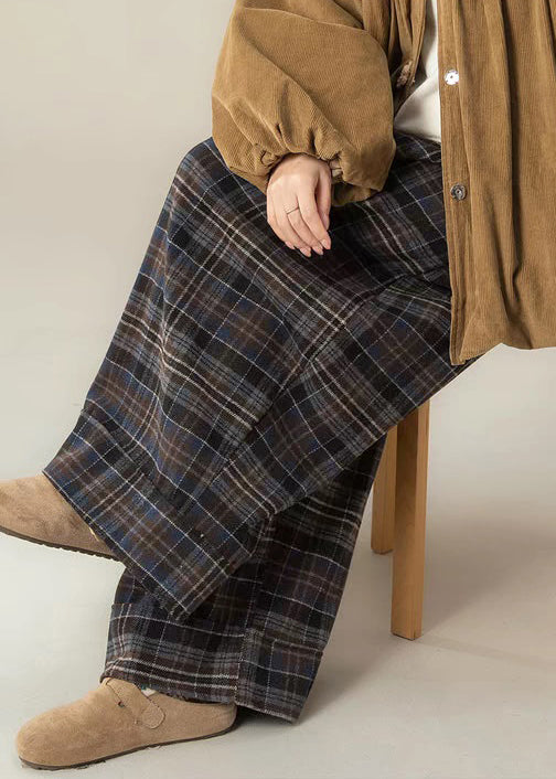 French Plaid High Waist Cotton Wide Leg Pants Winter