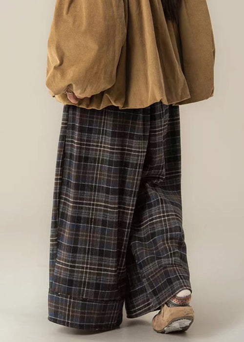 French Plaid High Waist Cotton Wide Leg Pants Winter