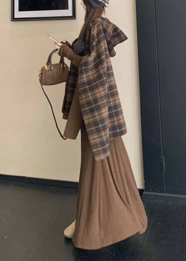 French Plaid Hooded Wear On Both Sides Cotton Two Pieces Set Fall