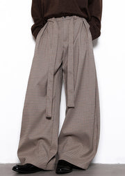 French Plaid Lace Up High Waist Cotton Mens Wide Leg Pants Fall