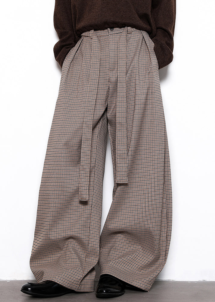 French Plaid Lace Up High Waist Cotton Mens Wide Leg Pants Fall