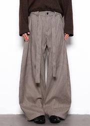 French Plaid Lace Up High Waist Cotton Mens Wide Leg Pants Fall