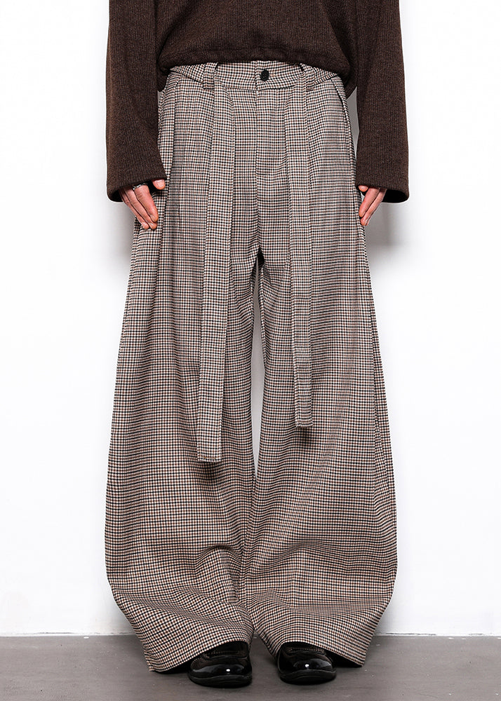 French Plaid Lace Up High Waist Cotton Mens Wide Leg Pants Fall