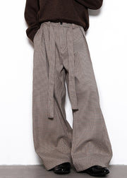 French Plaid Lace Up High Waist Cotton Mens Wide Leg Pants Fall
