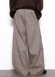 French Plaid Lace Up High Waist Cotton Mens Wide Leg Pants Fall