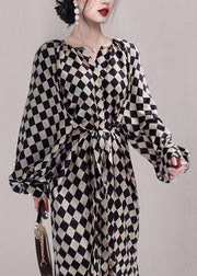French Plaid Pockets Tie Waist Chiffon Long Dresses Fall