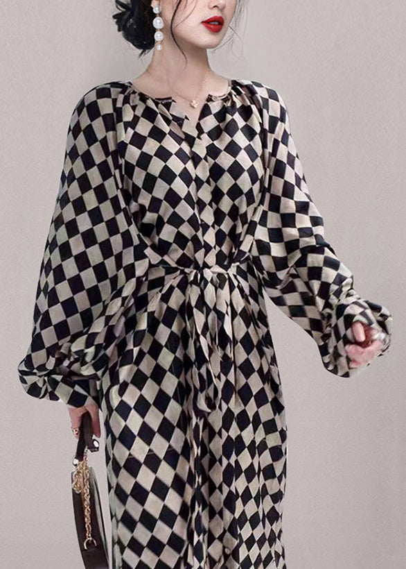 French Plaid Pockets Tie Waist Chiffon Long Dresses Fall