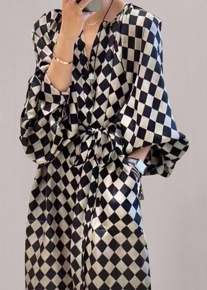 French Plaid Pockets Tie Waist Chiffon Long Dresses Fall