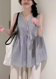 French Plaid Wrinkled Cotton Shirts V Neck Sleeveless