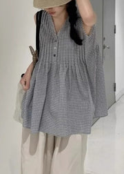 French Plaid Wrinkled Cotton Shirts V Neck Sleeveless