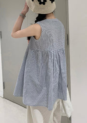 French Plaid Wrinkled Cotton Shirts V Neck Sleeveless