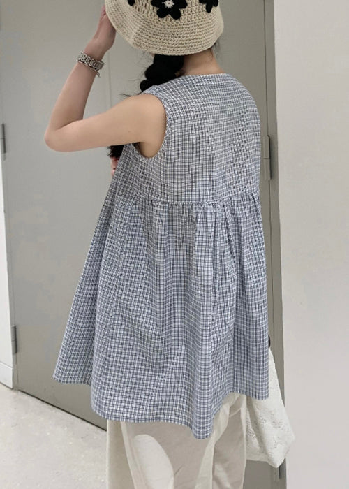 French Plaid Wrinkled Cotton Shirts V Neck Sleeveless
