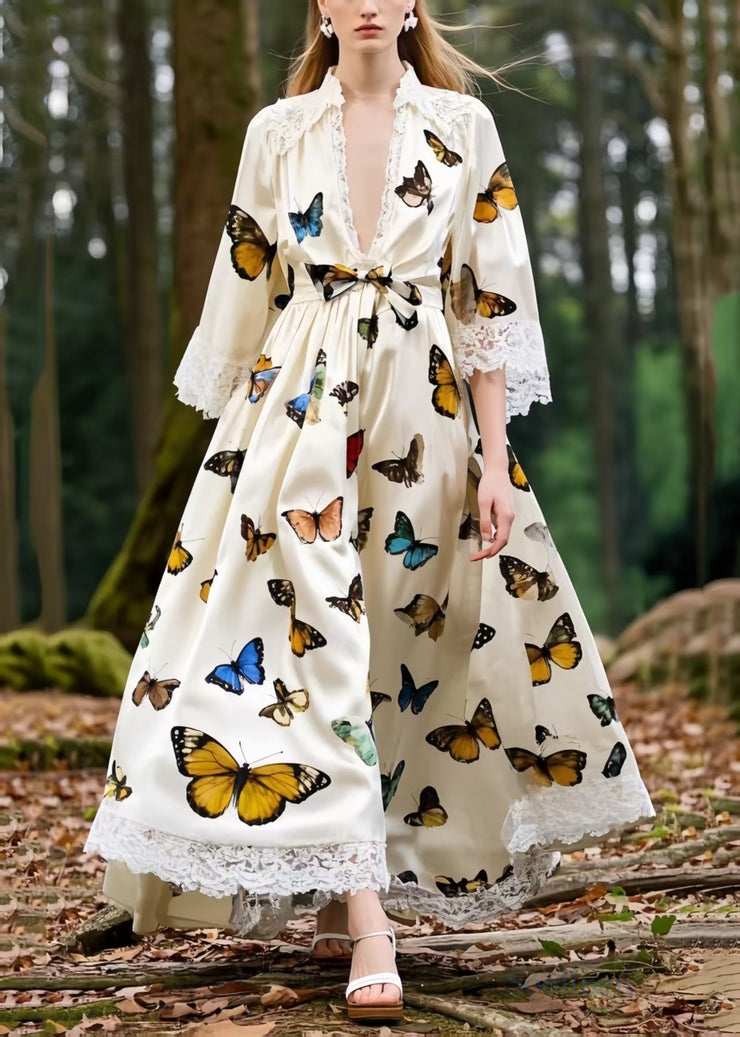French Polychrome Butterfly Patchwork Lace Party Dress Half Sleeve