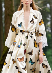 French Polychrome Butterfly Patchwork Lace Party Dress Half Sleeve