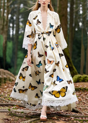 French Polychrome Butterfly Patchwork Lace Party Dress Half Sleeve